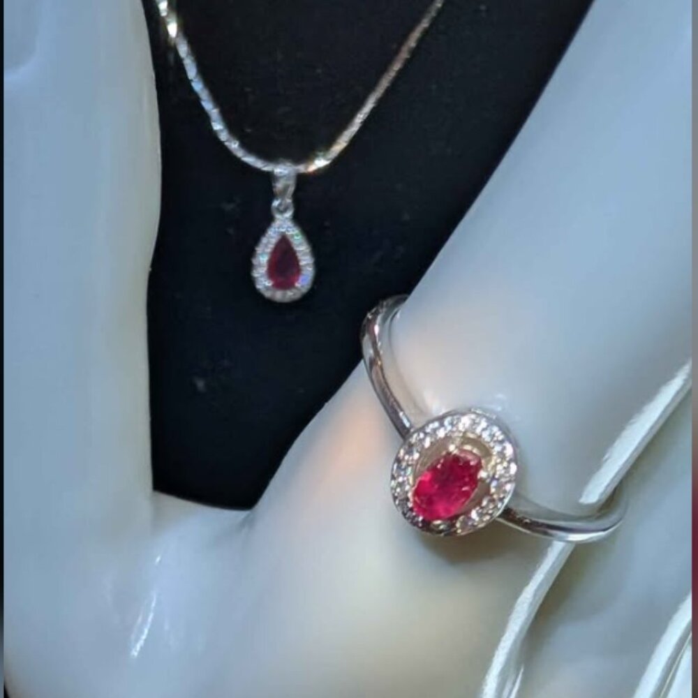 Genuine Sterling Silver Natural Red Ruby pendant and ring with white CZ